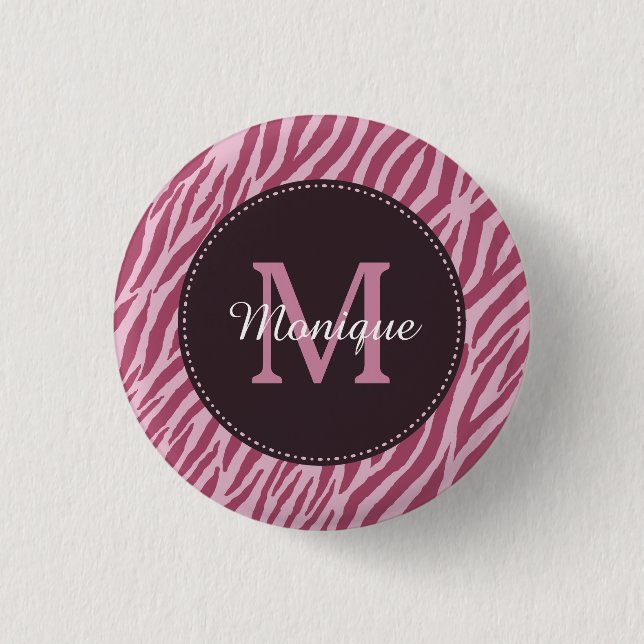 Stylish Rose Pink Zebra Print Monogram and Name 3 Cm Round Badge (Front)