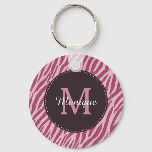 Stylish Rose Pink Zebra Print Monogram and Name Key Ring (Front)