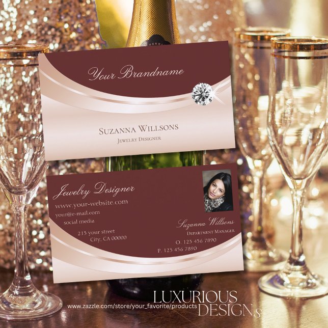 Stylish Rosegold Wine Red with Photo and Diamond Business Card (Creator Uploaded)