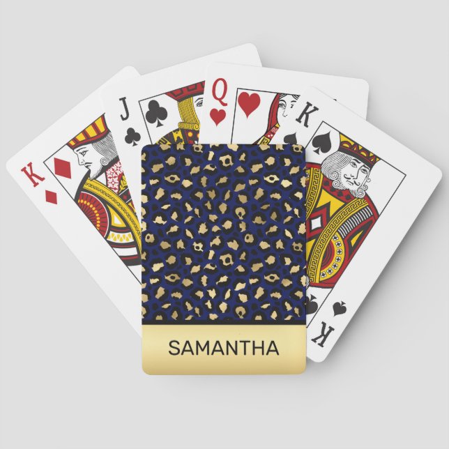 Stylish Royal Blue and Gold Foil Leopard Spots Playing Cards (Back)