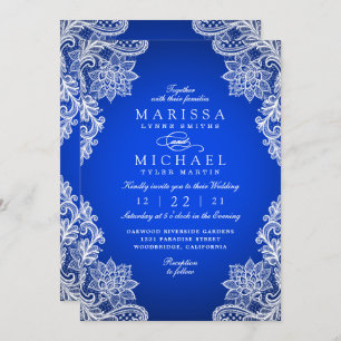 Stylish Royal Blue Floral Lace Wedding Invitation