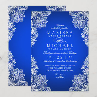 Stylish Royal Blue Floral Lace Wedding Invitation