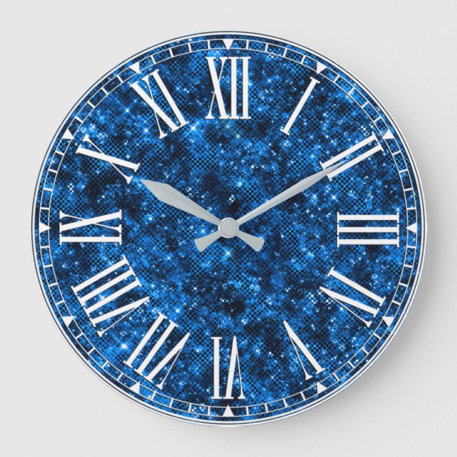 Stylish Royal Blue Shimmer Glitter Glam Pattern Large Clock (Front)