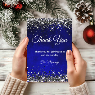 Stylish royal blue silver faux glitter  thank you card