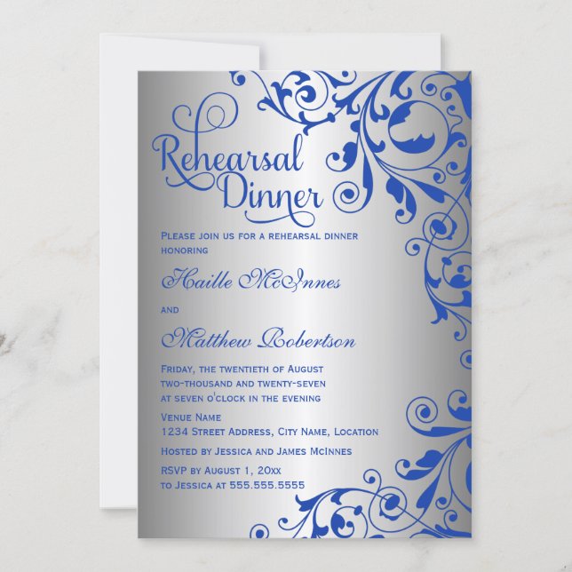 Stylish Royal Blue Silver Swirls Rehearsal Dinner Invitation (Front)