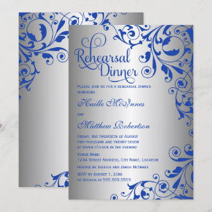 Stylish Royal Blue Silver Swirls Rehearsal Dinner Invitation