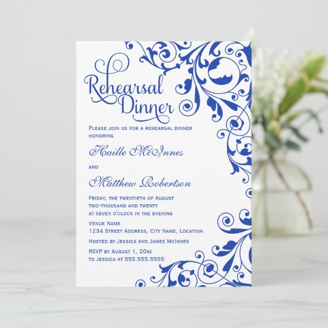 Stylish Royal Blue Swirls Rehearsal Dinner Invitation (Standing Front)