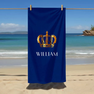 Stylish Royal Gold Crown Name Blue Beach Towel