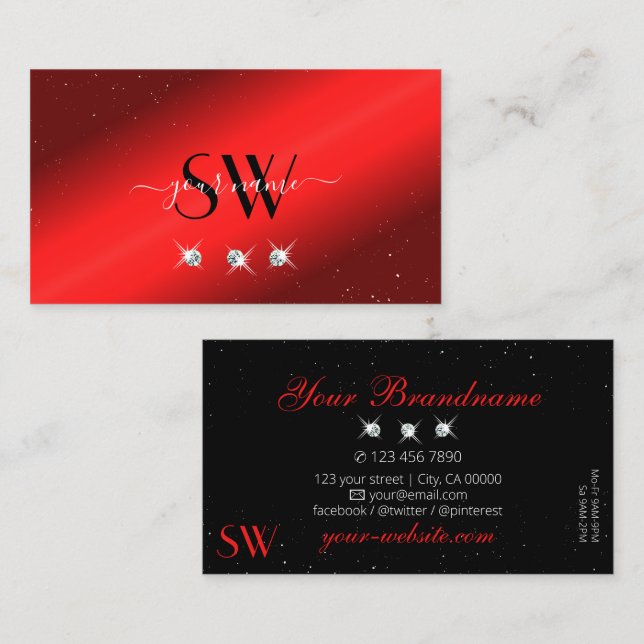 Stylish Ruby Red Black Sparkling Diamonds Initials Business Card (Front/Back)