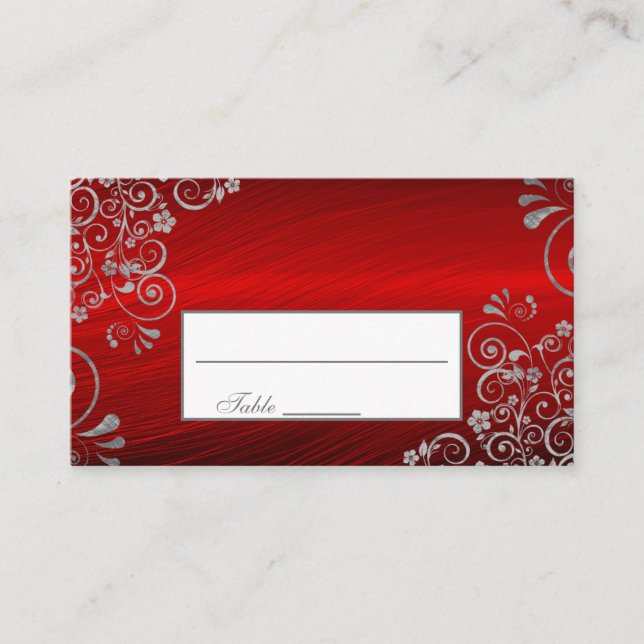 Stylish Ruby Red Grey Floral Swirl Wedding Place Card (Front)