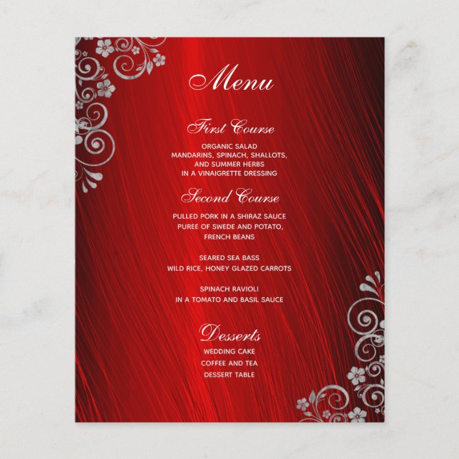 Stylish Ruby Red Grey  Swirl Wedding Menu (Front)