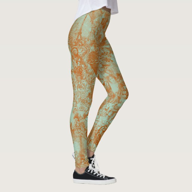 Stylish Rust Green Paris Toile Design Leggings (Right)