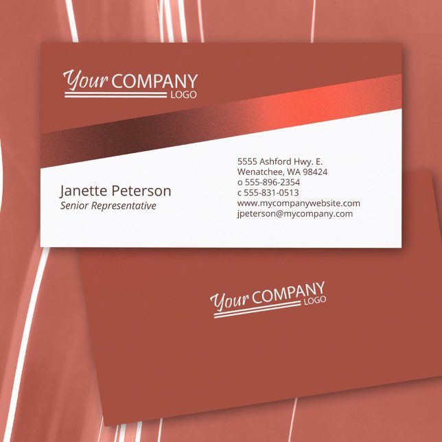 Stylish Rust Red, Burgundy Company Logo Business Card (minimalist professional burgundy, dark red diagonal ribbon business card red logo)