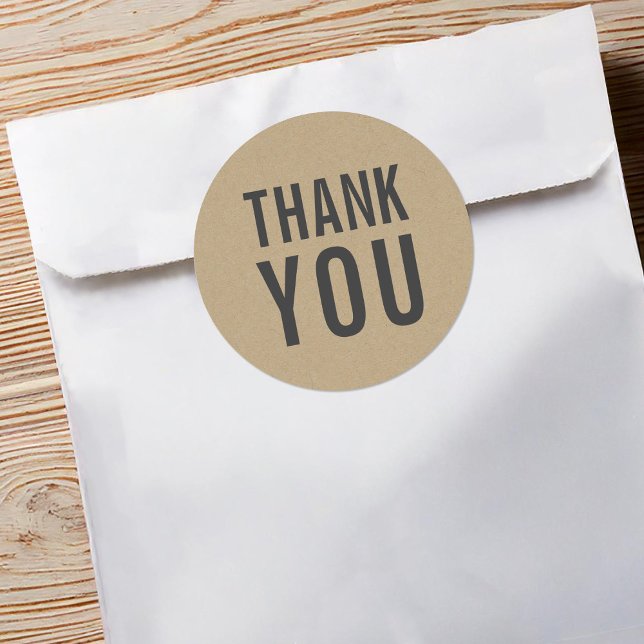Stylish Rustic Bold Thank You Faux Kraft Classic Round Sticker (Creator Uploaded)