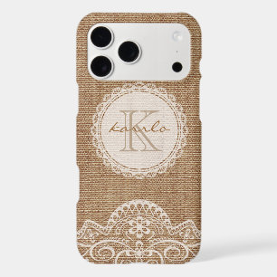 Stylish Rustic Burlap Ivory Lace Pattern Monogram