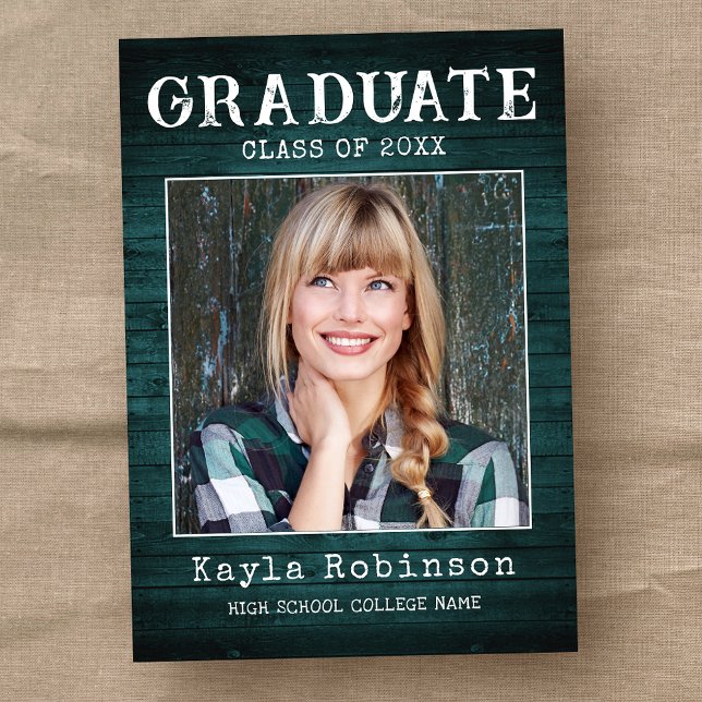 Stylish Rustic Country Teal Wood Photo Graduation Announcement (Available in print or instant digital download for quick messaging, email or self printing.)