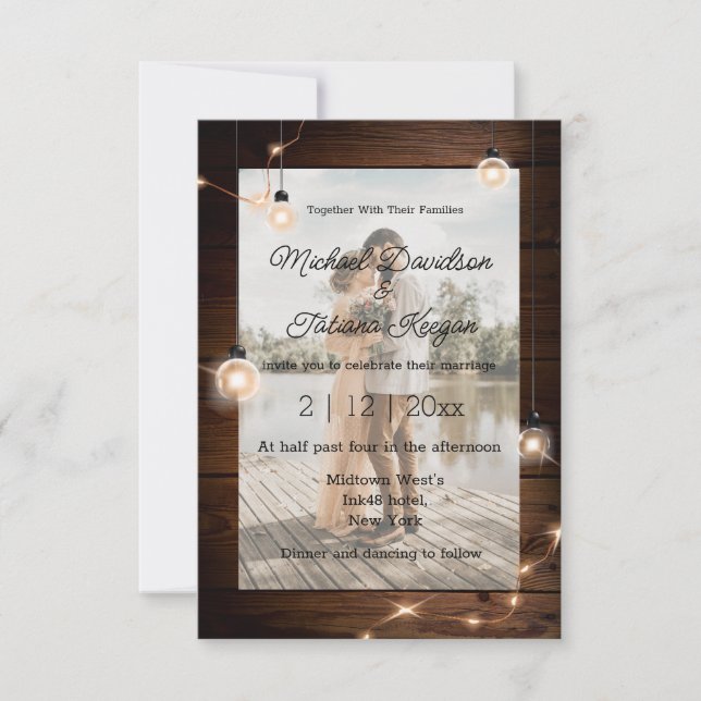 stylish rustic country wood lights wedding photo invitation (Front)