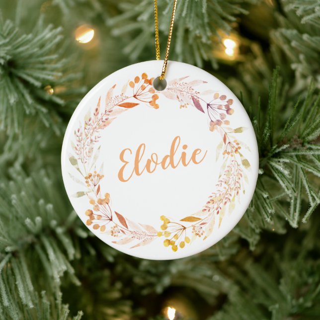 Stylish Rustic Floral Wreath Personalized Name Ceramic Tree Decoration (Tree)