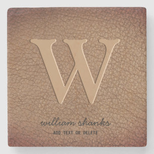 Stylish rustic leather black gold script monogram stone coaster
