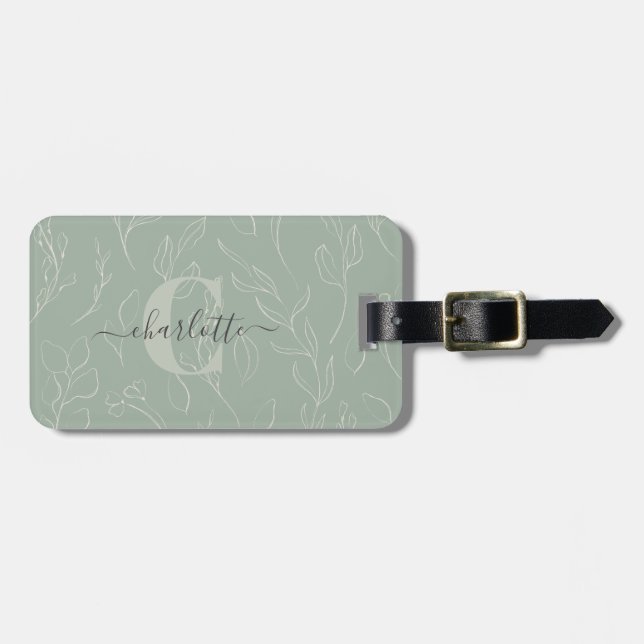 Stylish Rustic Sage Botanical Monogram Name Luggage Tag (Front Horizontal)