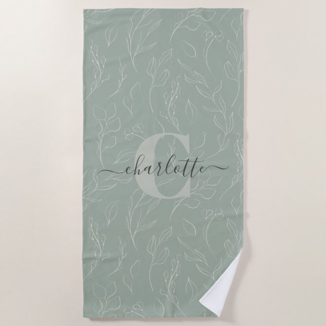 Stylish Rustic Sage Green Botanical Floral Name Beach Towel (Front)