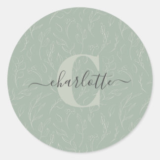 Stylish Rustic Sage Green Botanical Floral Name    Classic Round Sticker