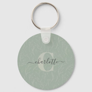 Stylish Rustic Sage Green Botanical Floral Name    Key Ring
