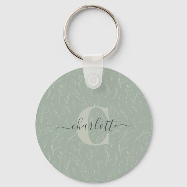 Stylish Rustic Sage Green Botanical Floral Name    Key Ring (Front)