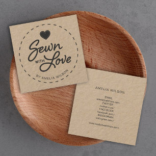 Stylish Rustic Sewn with Love Social Media Kraft Square Business Card