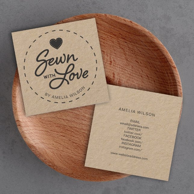 Stylish Rustic Sewn with Love Social Media Kraft Square Business Card (Creator Uploaded)