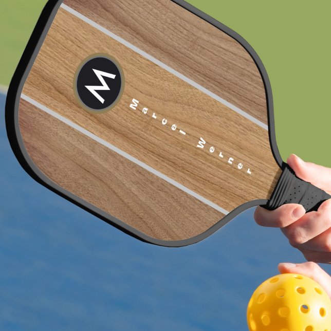Stylish Rustic Wood Stripe Monogrammed Pickleball Paddle (Creator Uploaded)