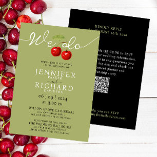 Stylish Sage And Red Cherries And QR Code Wedding Invitation