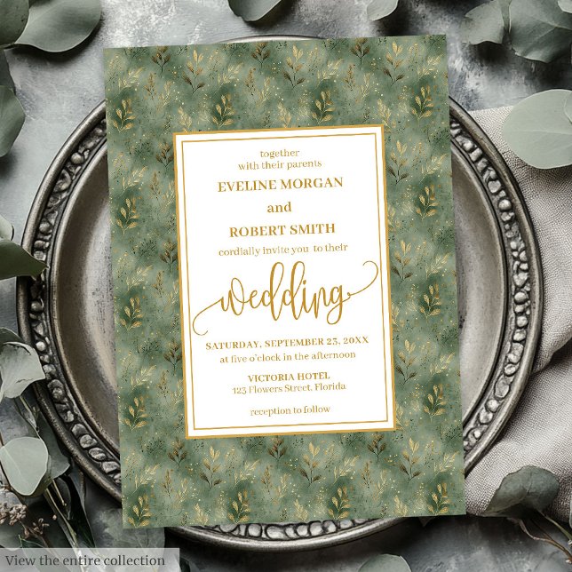 Stylish Sage Green Gold Foliage Wedding Invitation (Stylish Sage Green Gold Foliage Wedding Invitation)