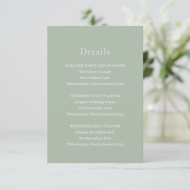 Stylish Sage Green Modern Wedding Enclosure Card (Standing Front)