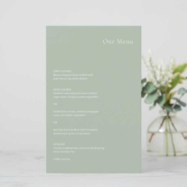 Stylish Sage Green Modern Wedding Menu (Standing Front)