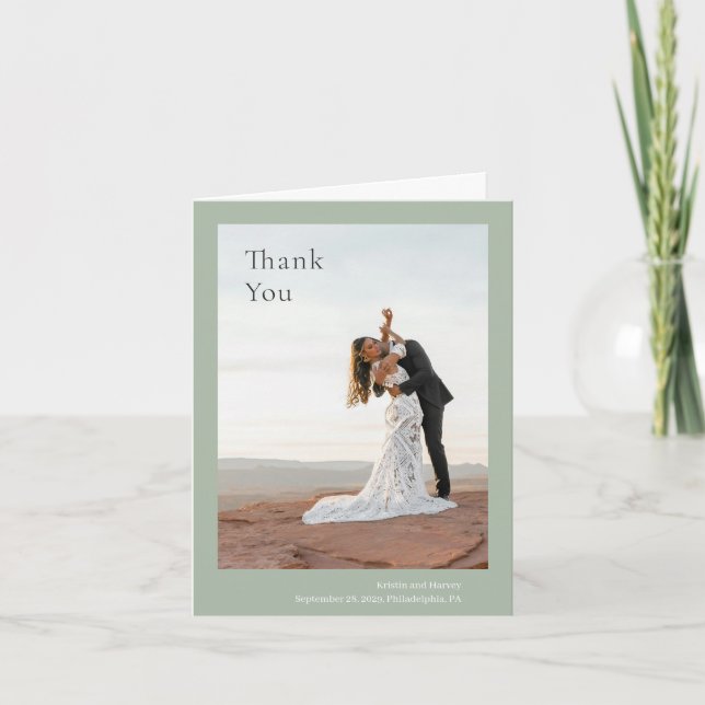 Stylish Sage Green Modern Wedding Thank You Card (Front)