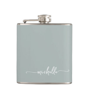 Stylish Sage Green Monogram Name Script Hip Flask
