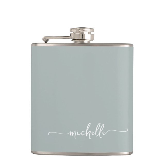 Stylish Sage Green Monogram Name Script Hip Flask (Front)