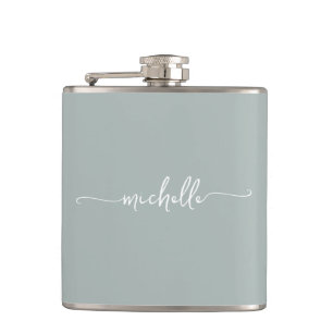 Stylish Sage Green Monogram Name Script Hip Flask
