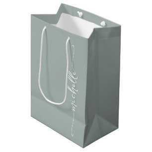 Stylish Sage Green Monogram Name Script Medium Gift Bag