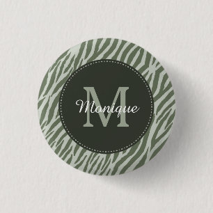 Stylish Sage Green Zebra Print Monogram and Name 3 Cm Round Badge