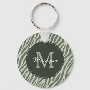 Stylish Sage Green Zebra Print Monogram and Name Key Ring