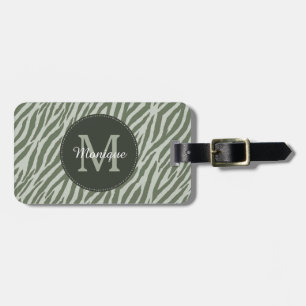 Stylish Sage Green Zebra Print Monogram and Name Luggage Tag