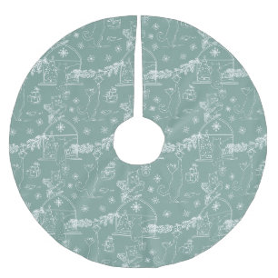Stylish sage Hand drawn cats & Christmas tree  Brushed Polyester Tree Skirt