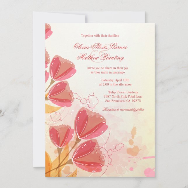 Stylish salmon pink tulips wedding invitation (Front)