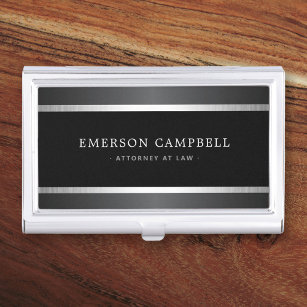 Stylish satin grey and silver borders black business card holder