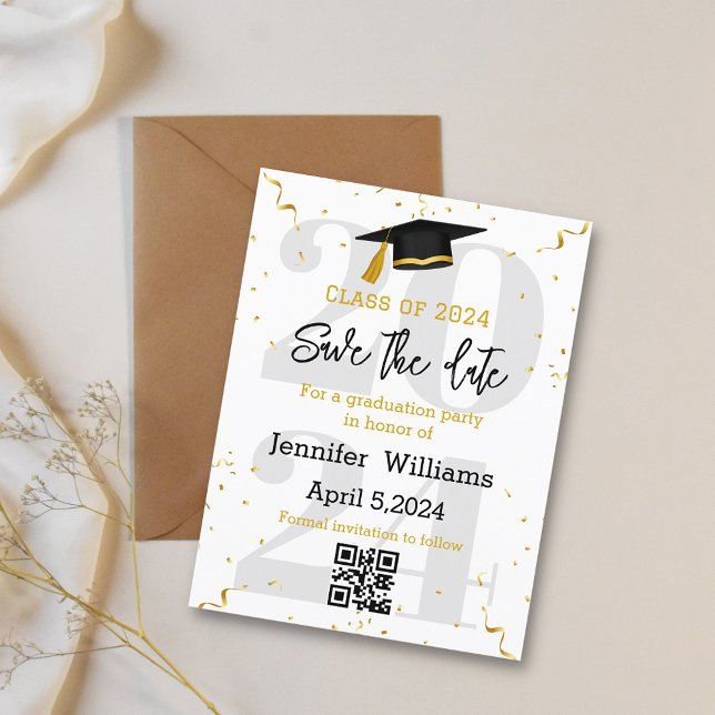 stylish save the date qr code graduation 2024 announcement postcard (Creator Uploaded)