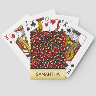 Stylish Scarlet Red and Gold Foil Leopard Spots Playing Cards