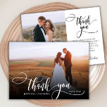 Stylish Script 2 Photo Wedding Thank You Card<br><div class="desc">Modern Elegant Chic Boho Calligraphy Script Wedding 2 Photo Thank You Card. Stylish wedding thank you template featuring a full vertical photo on the front with the text "Thank You" in a whimsical swirly hand lettering typography script swash tail font white overlay on the picture and a reverse side one...</div>