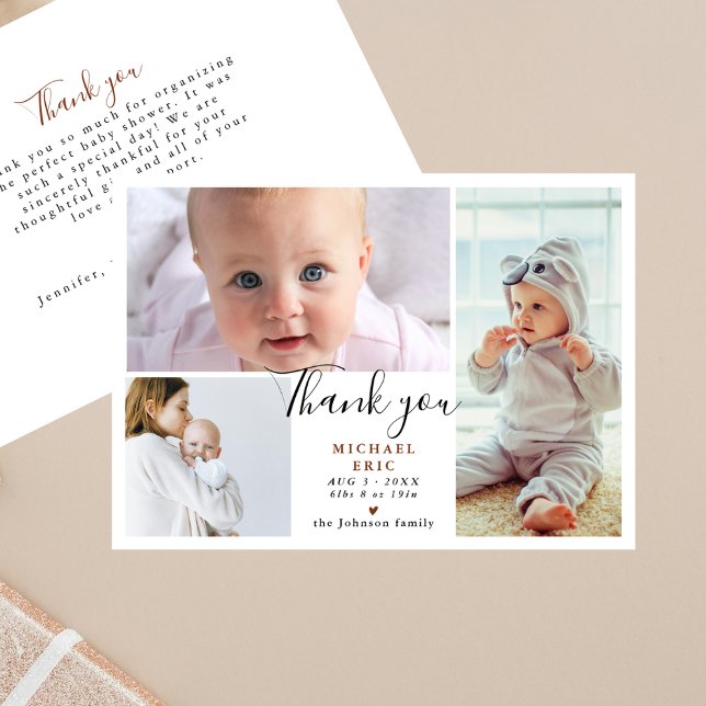 Stylish Script 3 Photo Collage Baby Shower Thank You Card (Creator Uploaded)